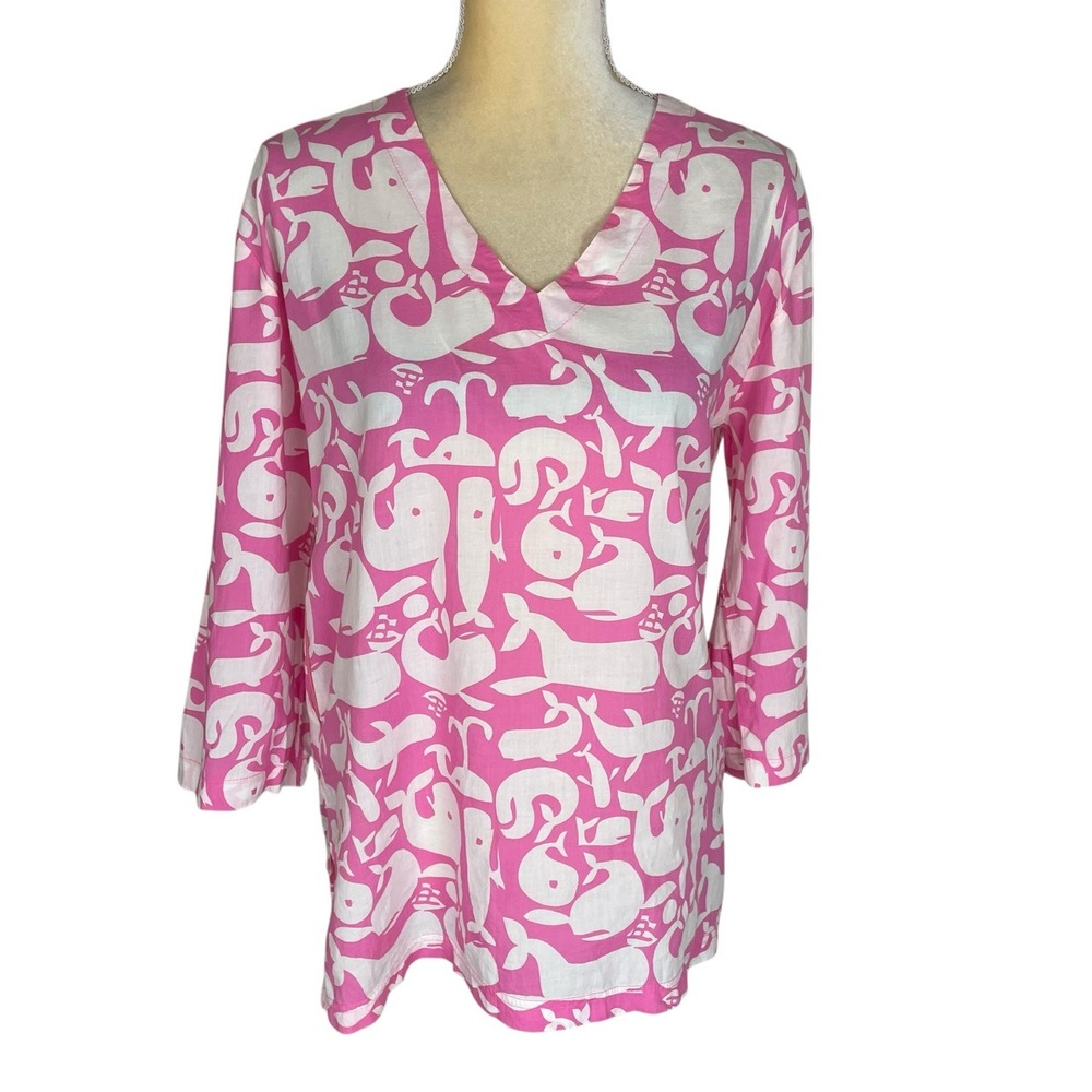 Tracy Negoshian Pink White Whale Print V Neck 3/4 Sleeve Tunic Blouse Size Small